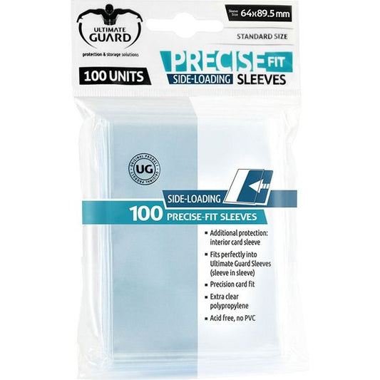 These sleeves with side-loading design for hassle-free double-sleeving fit perfectly into ULTIMATE GUARD Sleeves (sleeve in sleeve). Perfect for Magic the Gathering(TM), Pokemon(TM) and many other standard-sized cards. 100 sleeves per pack.