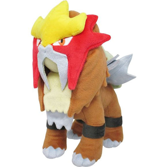 Entei is a massive, leonine quadruped with some mastiff qualities. It is covered in brown fur and a long, light gray cloud of smoke for a mane running along its entire back. It has gray plates on either side of the mane and a plate beneath the cream belly fur on its chest.