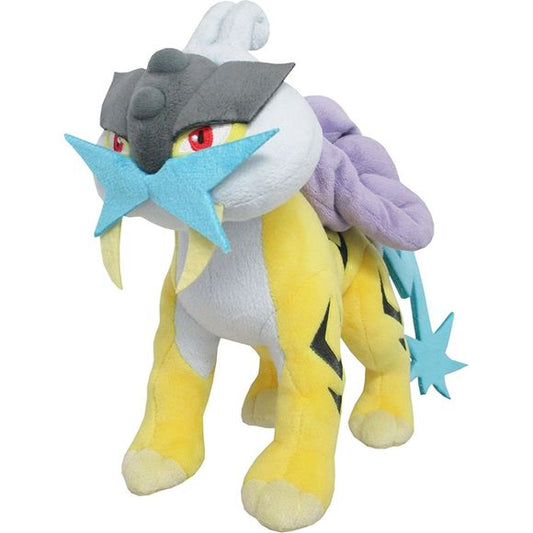 Raikou is a quadruped, yellow, tiger-like Pokémon with black stripes and a white underside. It has a thin, light blue tail with sharp angles and a spark-shaped formation at the end. Most of its face consists of thick, white fur and shorter yellow fur around its red eyes.