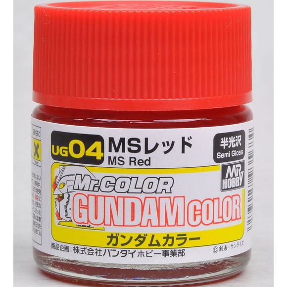 Mr Gundam Color paint, suitable for hand brushing & airbrushing, with good adhesion & fast drying is one of the finest scale modelling / hobby paints available. Solvent-based Acrylic, thin with Mr Color Thinner or Mr Color Levelling Thinner. Treat paint as a lacquer.  UG04 MS Red Paint. 10ml screw top bottle.

1 - 2 coats are recommended when brush painting
2 - 3 coats when using an air brush - after diluting to a ratio of 1 (Mr.Color) : 1-2 (Mr. thinner).
Mix in 5 - 10% of Flat Base to make glossy colo