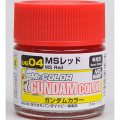 Mr Gundam Color paint, suitable for hand brushing & airbrushing, with good adhesion & fast drying is one of the finest scale modelling / hobby paints available. Solvent-based Acrylic, thin with Mr Color Thinner or Mr Color Levelling Thinner. Treat paint as a lacquer.  UG04 MS Red Paint. 10ml screw top bottle.

1 - 2 coats are recommended when brush painting
2 - 3 coats when using an air brush - after diluting to a ratio of 1 (Mr.Color) : 1-2 (Mr. thinner).
Mix in 5 - 10% of Flat Base to make glossy colo