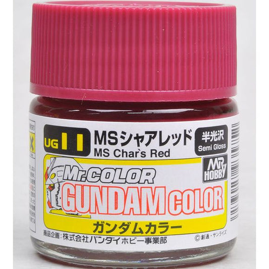 Mr Gundam Color paint, suitable for hand brushing & airbrushing, with good adhesion & fast drying is one of the finest scale modelling / hobby paints available. Solvent-based Acrylic, thin with Mr Color Thinner or Mr Color Levelling Thinner. Treat paint as a lacquer.  UG11 MS Char Red Semi-Gloss Paint. 10ml screw top bottle.

Continental US Shipping Only, ground transport only.  No Expedited shipping.