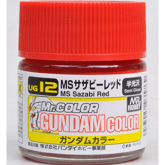 Mr Gundam Color paint, suitable for hand brushing & airbrushing, with good adhesion & fast drying is one of the finest scale modelling / hobby paints available. Solvent-based Acrylic, thin with Mr Color Thinner or Mr Color Levelling Thinner. Treat paint as a lacquer.  UG12 MS Sazabi Red Paint. 10ml screw top bottle.