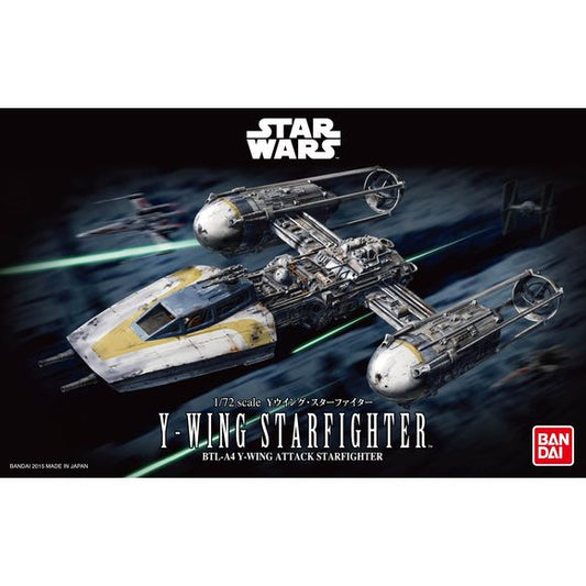 Out of Star Wars: Episode IV - A New Hope, at the Battle of Yavin the Y-Wing Starfighter makes its debut in the 1/72 scale! The detailing for this vehicle has been thoroughly adapted in scale and brings incredible realism. The inner cockpit and ion propulsion engine have been fine tuned and the added Death Star motif display base increases quality of display. A nipper or sprue cutter (sold separately) is required for assembly, but does not require glue. Set includes dedicated display base x1, laser effect p