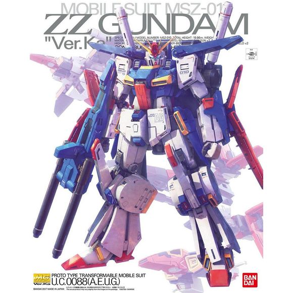 Designed by master mecha designer Hajime Katoki, Bandai's Master Grade ZZ Gundam Ver. Ka is fully transformable into the G-Fortress! The robot's torso forms the Core Block,which transforms into the Core Fighter; it can also combine with the Double Beam Rifle, Core Top (the Gundam's upper body) and Core Base (the lower body) to form the full G-Fortress. The forehead contains the powerful Hi-Mega Cannon.  More mechanical detail has been added inside the gaps that open during transformation or posing, the knee