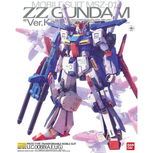 Designed by master mecha designer Hajime Katoki, Bandai's Master Grade ZZ Gundam Ver. Ka is fully transformable into the G-Fortress! The robot's torso forms the Core Block,which transforms into the Core Fighter; it can also combine with the Double Beam Rifle, Core Top (the Gundam's upper body) and Core Base (the lower body) to form the full G-Fortress. The forehead contains the powerful Hi-Mega Cannon.  More mechanical detail has been added inside the gaps that open during transformation or posing, the knee