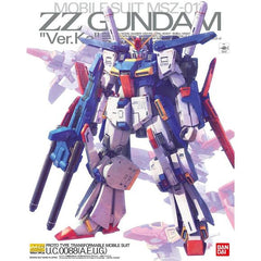 Designed by master mecha designer Hajime Katoki, Bandai's Master Grade ZZ Gundam Ver. Ka is fully transformable into the G-Fortress! The robot's torso forms the Core Block,which transforms into the Core Fighter; it can also combine with the Double Beam Rifle, Core Top (the Gundam's upper body) and Core Base (the lower body) to form the full G-Fortress. The forehead contains the powerful Hi-Mega Cannon.  More mechanical detail has been added inside the gaps that open during transformation or posing, the knee